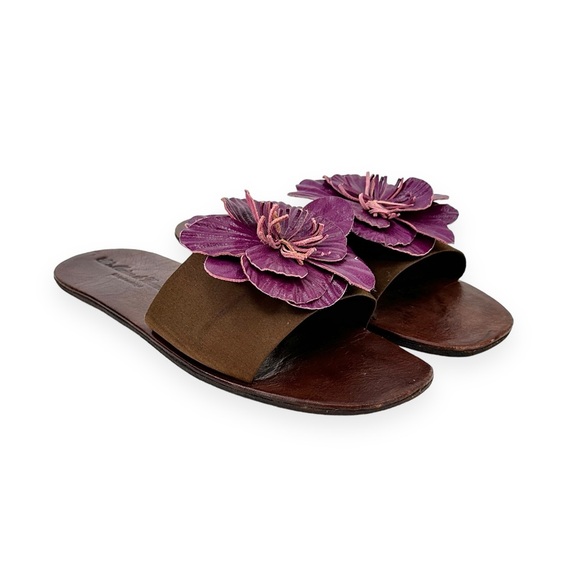 Artisan Handmade Flower Embellished Brown & Purple Flat Leather Sandals - Picture 2 of 7